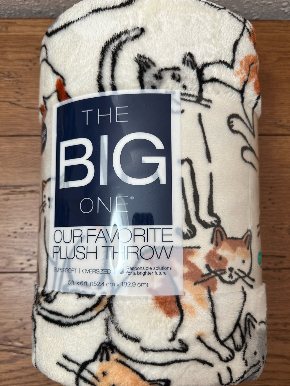 The Big One Plush Throw with Cream, Black & Orange Cat Print